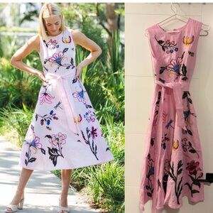 Fanm Mon Gloriosa Pink Floral Embroidered Cotton Midi Dress Size Medium
